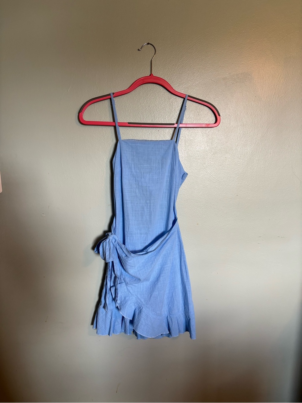 SHEIN Light Blue Linen-Texture Wrap Tie Mini Dress